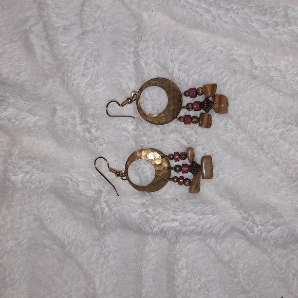 Small gold dangle Stone earrings red-brown & gold - Picture 4 of 4